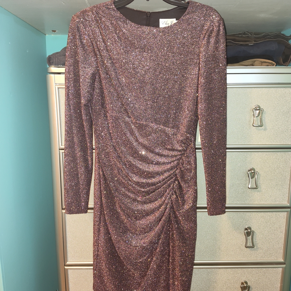 Eliza J Plum Metallic Ruched Long-Sleeve Midi Dress